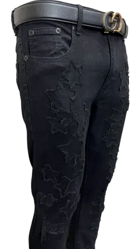 M.Society Black Men's Jeans with Stars Fashion Design Skinny-Fit Stretch Fabric