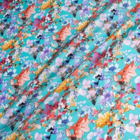 Multi-Coloured Floral Printed Turquoise Silk Twill