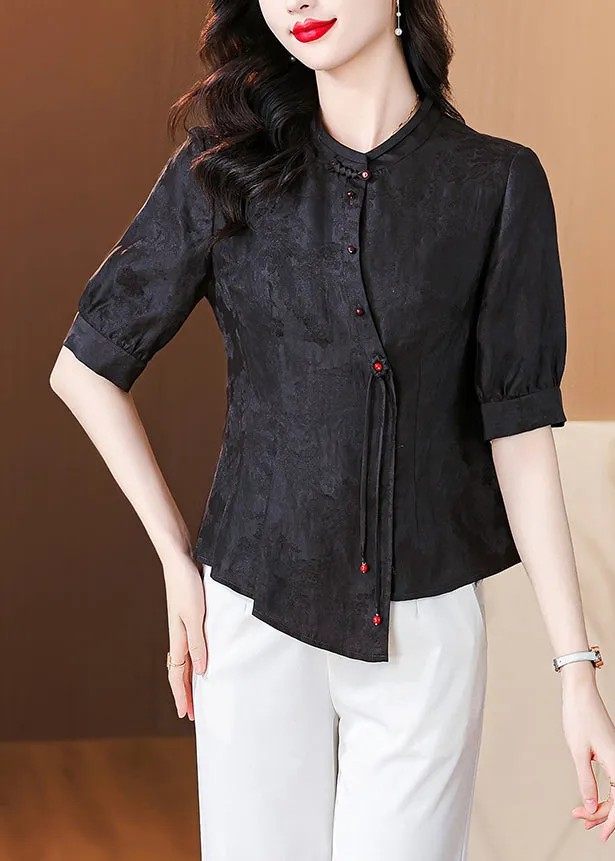 New Black Stand Collar Button Silk Shirt Half Sleeve OP1076