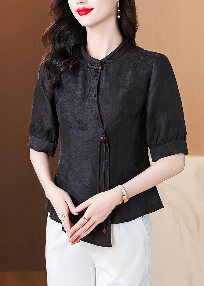 New Black Stand Collar Button Silk Shirt Half Sleeve OP1076