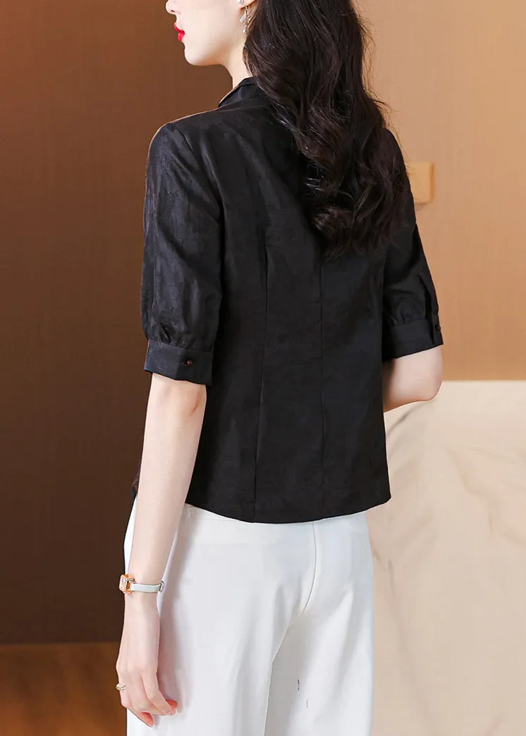 New Black Stand Collar Button Silk Shirt Half Sleeve OP1076