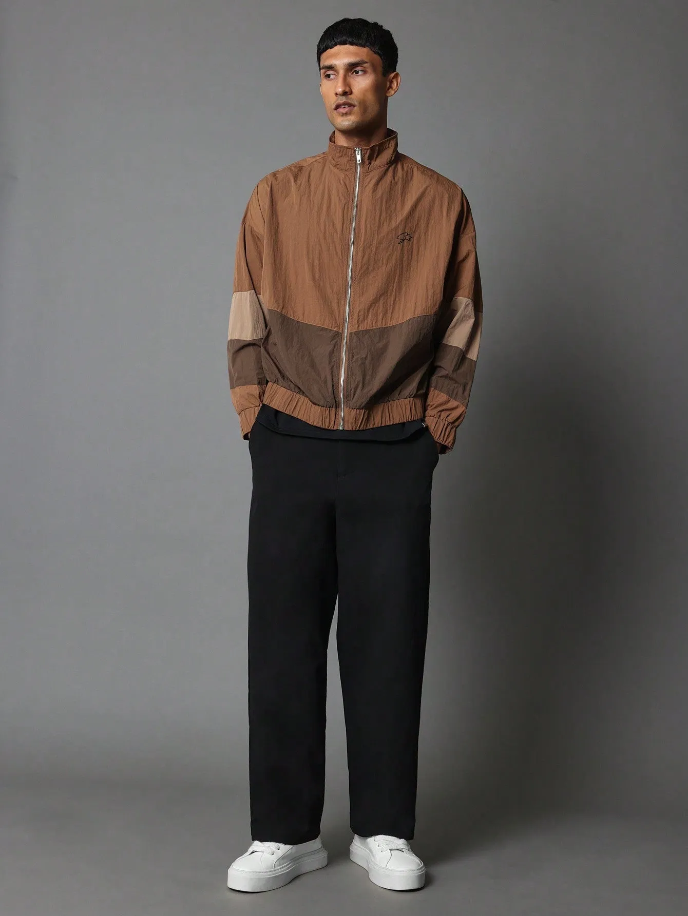 Regular Fit Colour Blocked Funnel Neck Zip Through Nylon Jacket
