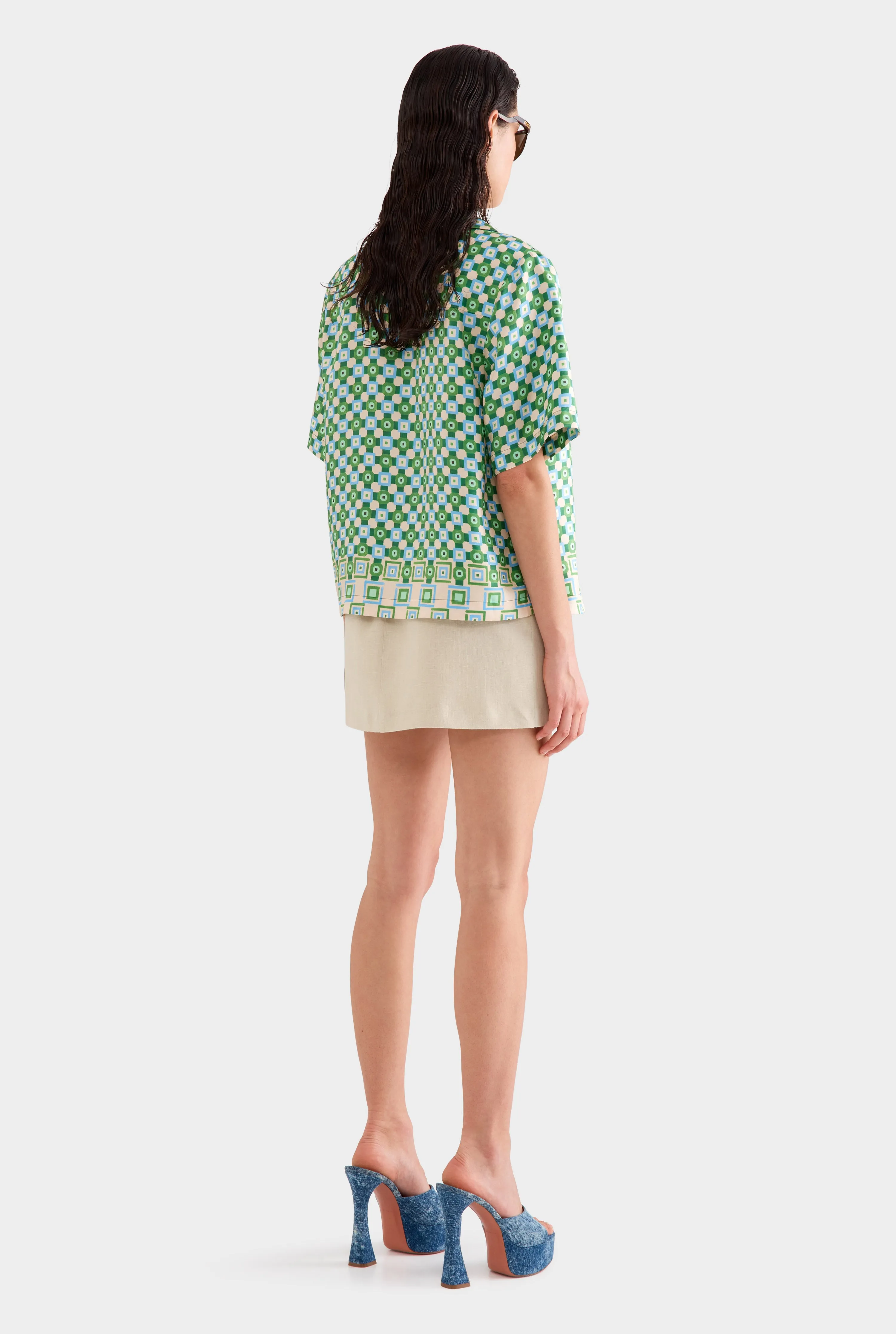 Relaxed Silk Camp Collar Shirt -  Blue/Green Geo