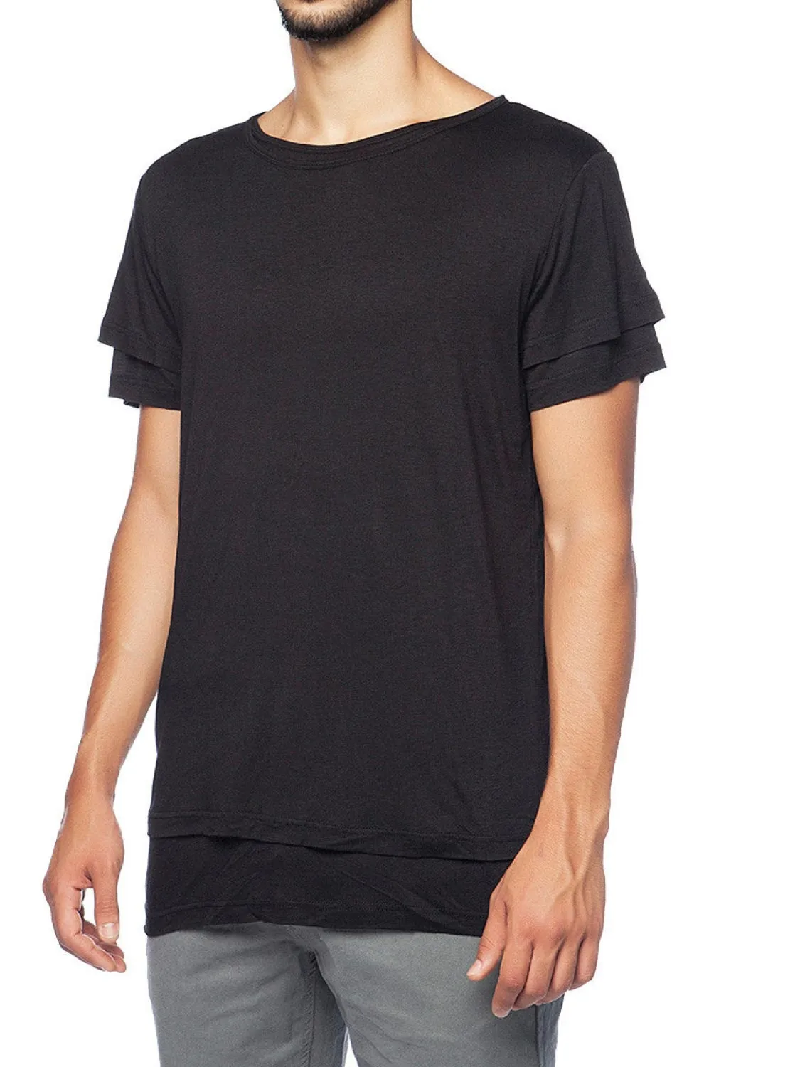 Silk Blend Double Layer Crew Neck T-shirt Black