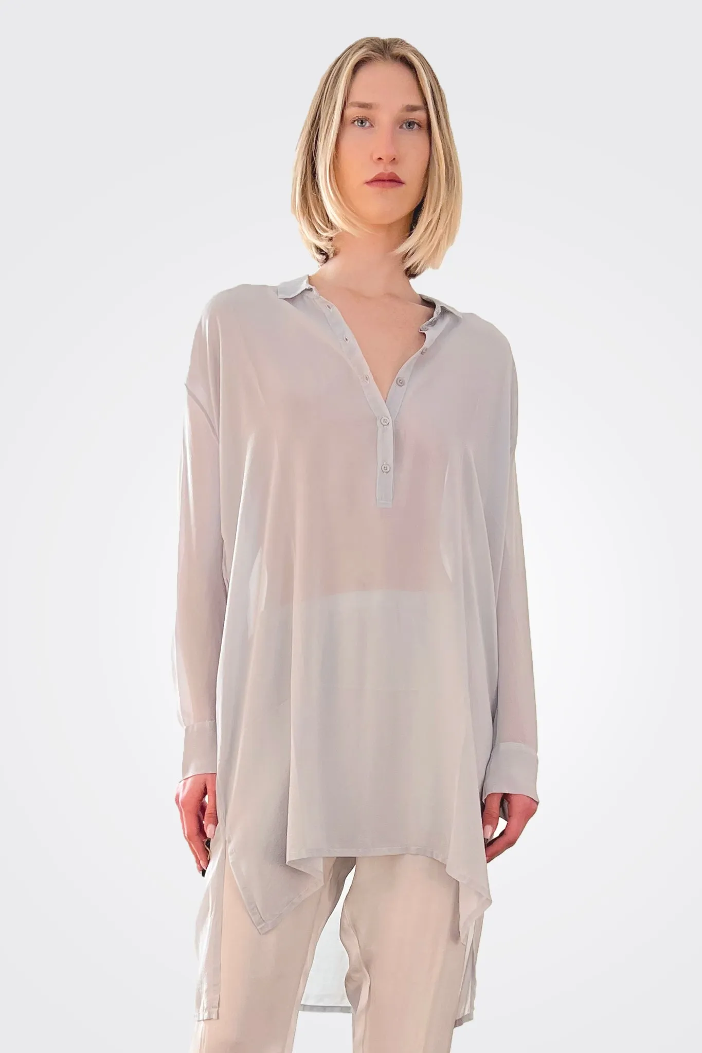 Silk Hi-Low Sheer Blouse - Sandy