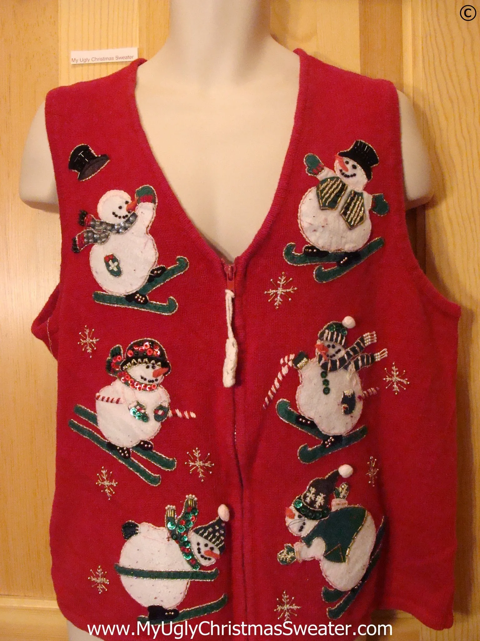 Skiing Snowman 2sided Red Cheap Christmas Sweater