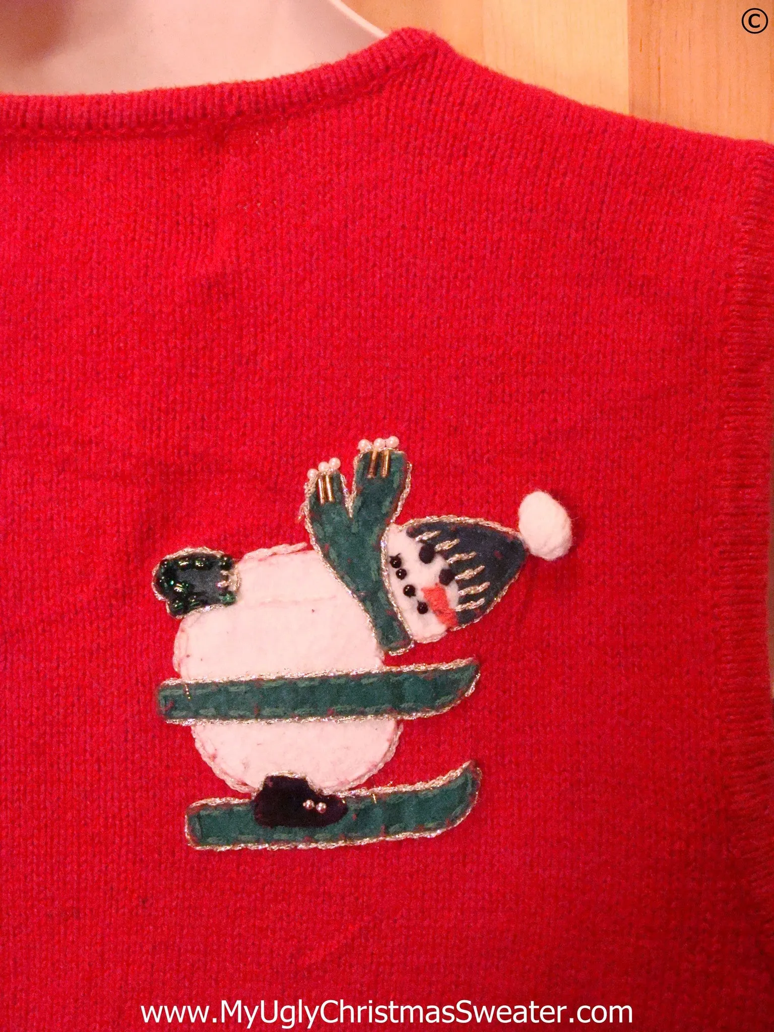 Skiing Snowman 2sided Red Cheap Christmas Sweater