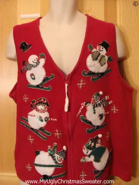 Skiing Snowman 2sided Red Cheap Christmas Sweater