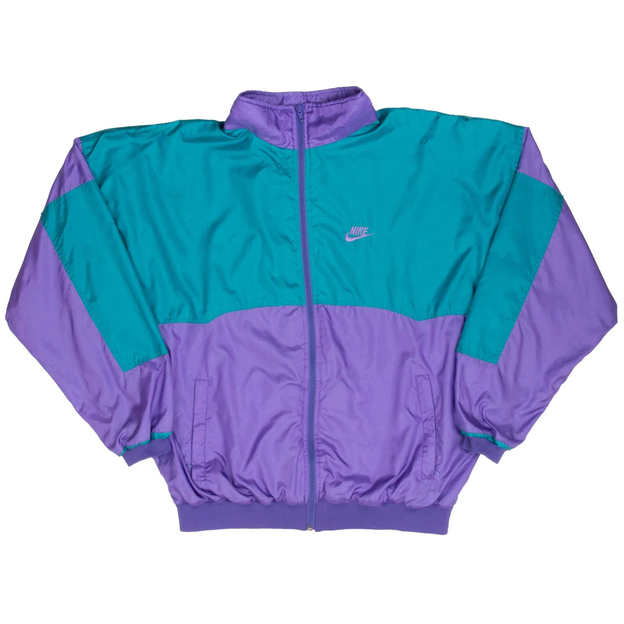 VINTAGE NIKE SWOOSH PURPLE & CYAN WINDBREAKER JACKET LATE 1980S SIZE XL