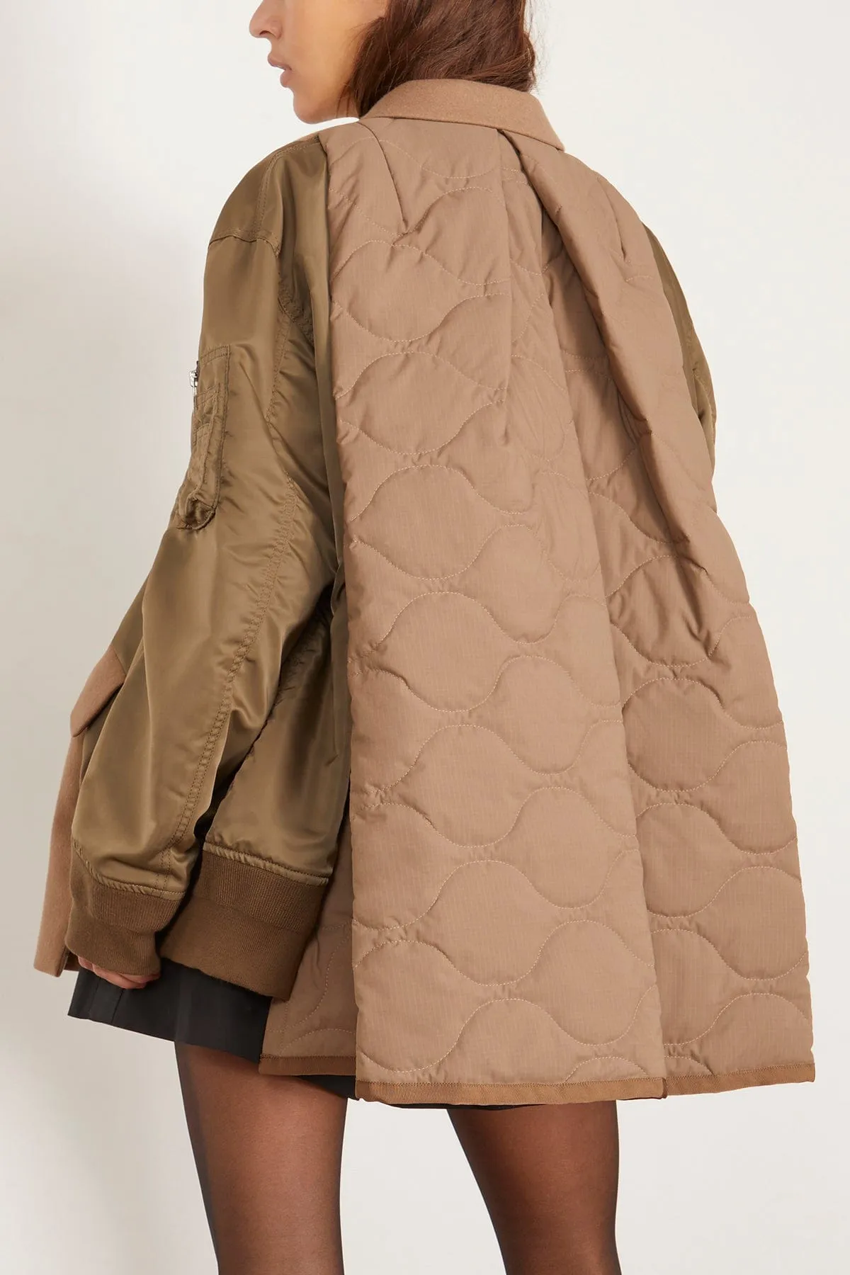 Wool Melton x Nylon Twill Quilted Coat in Beige/Khaki