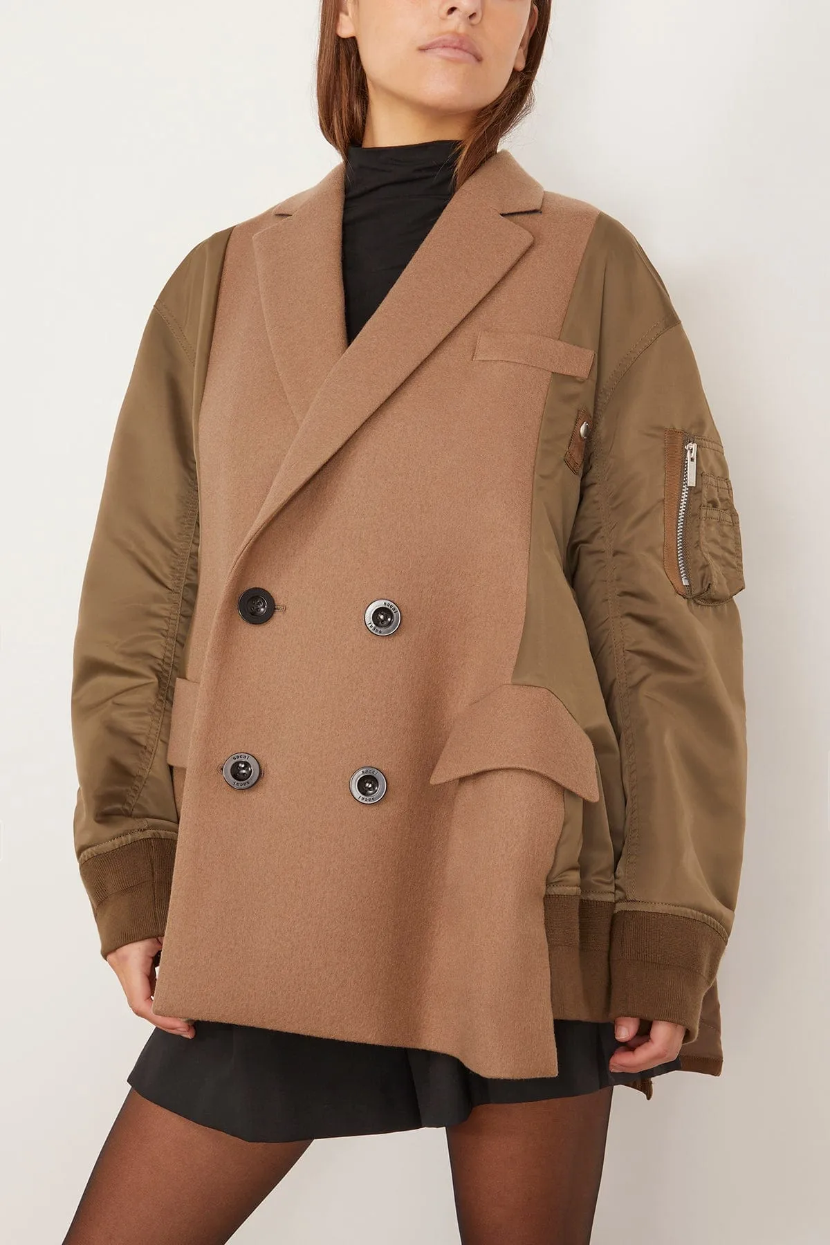 Wool Melton x Nylon Twill Quilted Coat in Beige/Khaki