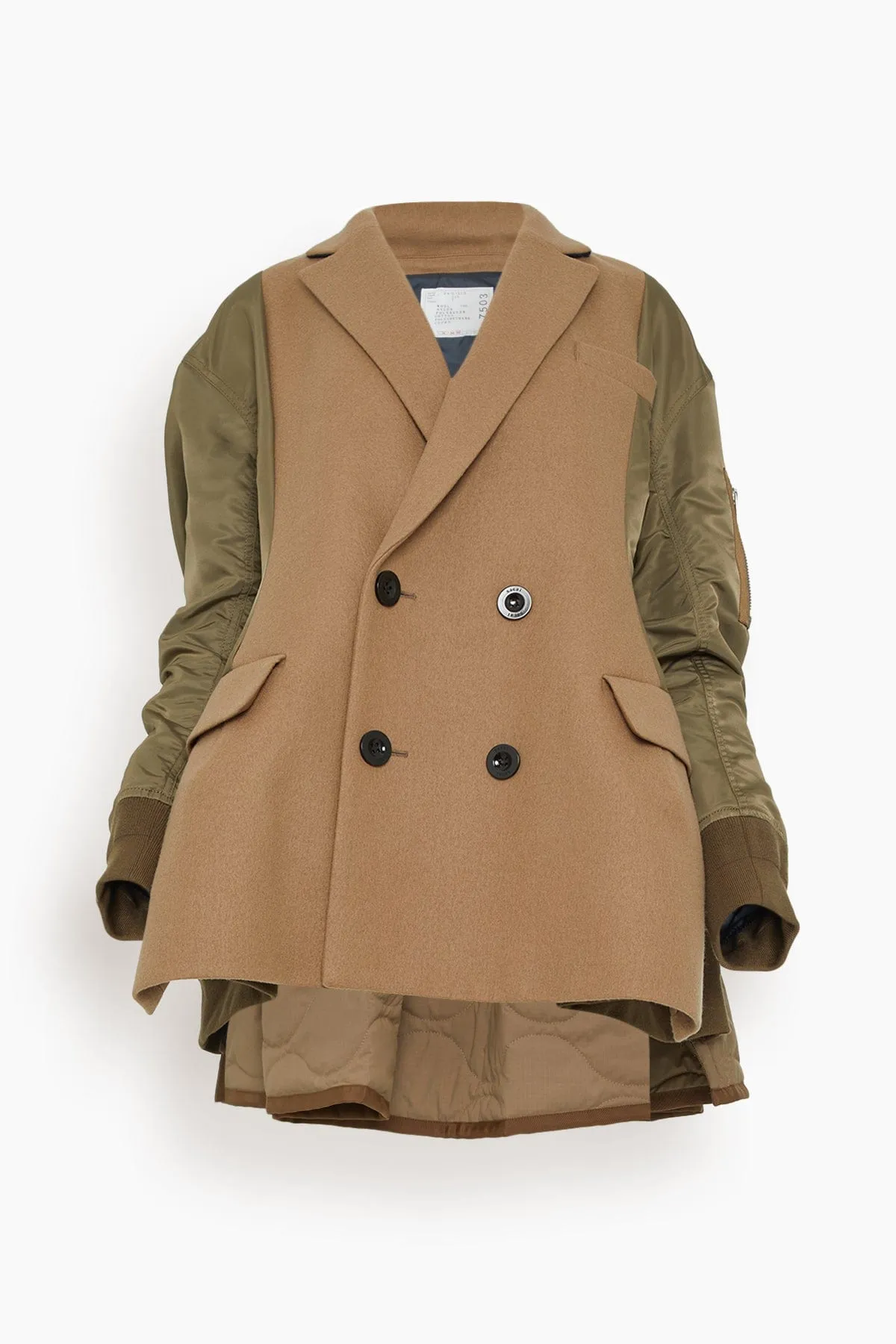 Wool Melton x Nylon Twill Quilted Coat in Beige/Khaki
